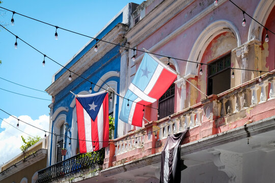 San Juan Puerto Rico. Puerto Rican flags hanging from a balcony in old town San Juan