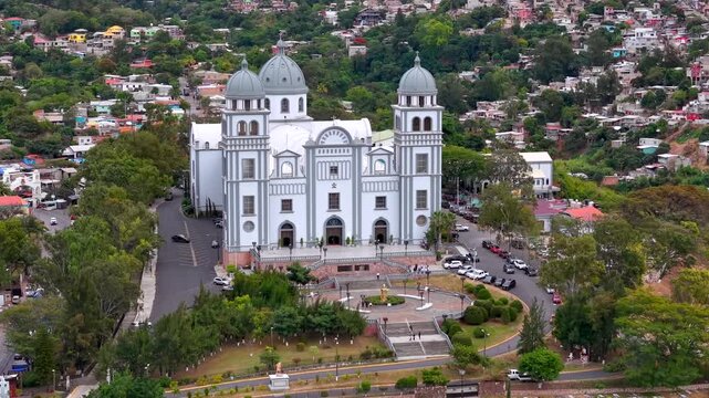 Beautiful aerial view of Basilica of Our Lady of Suyapa an its cemetery in Tegucigalpa, iconic religious landmark and national shrine of Honduras