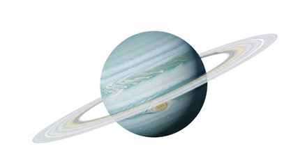 Saturn planet with rings isolated PNG on transparent background, gas giant with detailed atmosphere and ring system for space exploration © Roxana