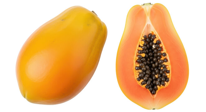 Ripe papaya fruit isolated PNG, one whole and one half with seeds on transparent background, tropical fruit for healthy eating