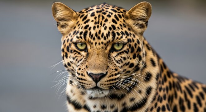 Close-up of a leopards face with spotted fur.