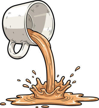 A dynamic cartoon illustration of a white mug pouring out brown coffee and creating a large splash.