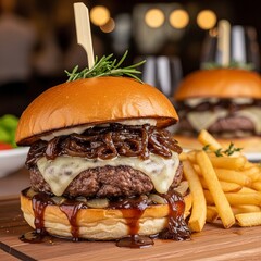 French Onion Burger Beef patty caramelized onions Gruy&egrave;re chees