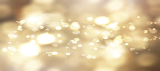 Golden bokeh lights background abstract festive blur. warm glitter soft glowing circles. Texture with soft glitter, glow and shimmer. Seamless luxury background with warm, vector illustration. © Taylor