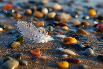 Glistening water droplets on sunlit beach pebbles near the ocean shore