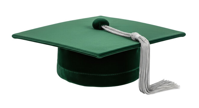 Green graduation cap with tassel isolated PNG, academic dress for commencement ceremony and educational achievement on transparent background