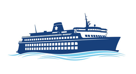 Obraz premium Large blue cruise ship silhouette on water with white background flat vector