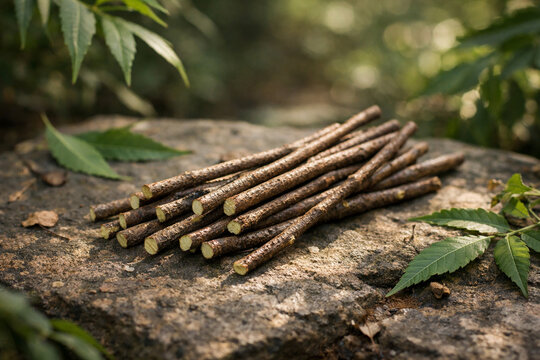 neat pile of thin Neem sticks twigs rests on weathered rock, surrounded by green Azadirachta indica leaves. natural still life.  margosa, nimtree, or Indian lilac