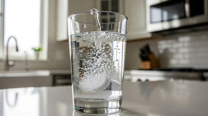 Effervescent tablet dissolving in a clear glass of water, creating bubbles and swirls, symbolizing relief and hydration in a kitchen setting.
