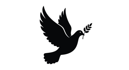 Obraz premium Black silhouette of a dove flying with an olive branch in its beak on white background