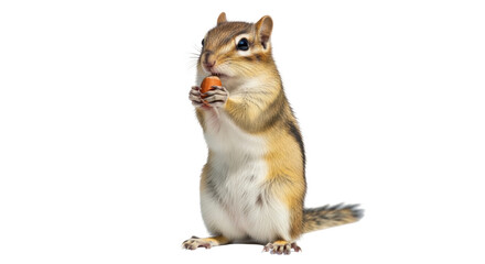 Obraz premium Adorable chipmunk eating a nut isolated PNG, cute rodent with fluffy tail on transparent background, wildlife animal