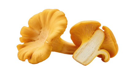 Golden chanterelle mushrooms isolated PNG on transparent background, edible fungi with vibrant yellow color for gourmet cooking and culinary design © Roxana