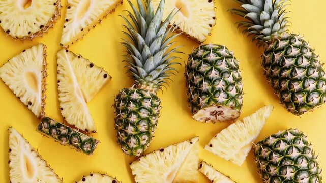 A dynamic scene unfolds with whole pineapples and juicy slices scattered on a bright yellow backdrop, ideal for summer themes, food blogs, or vibrant marketing.