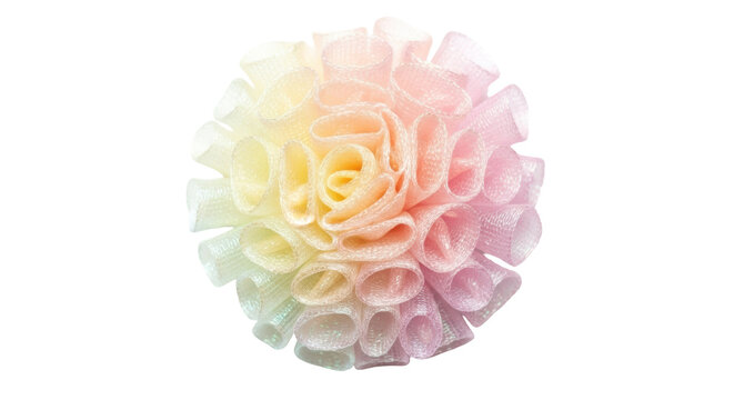 Pastel rainbow loofah sponge isolated PNG, colorful bath puff for gentle exfoliation and cleansing on transparent background