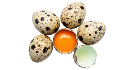 Obraz premium Speckled quail eggs PNG isolated on transparent background, small bird eggs with brown spots for Easter and culinary use
