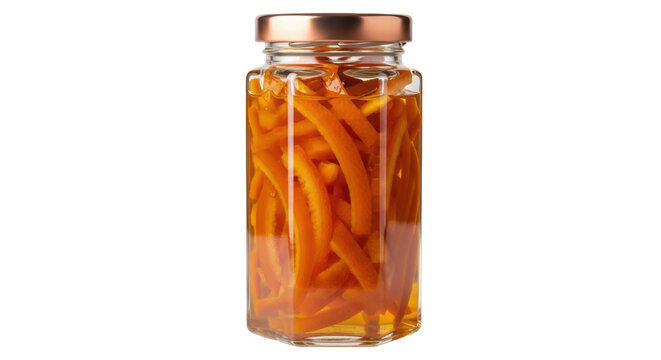 Candied orange peel in glass jar isolated PNG, homemade citrus dessert on transparent background, sweet treat for baking and confectionery