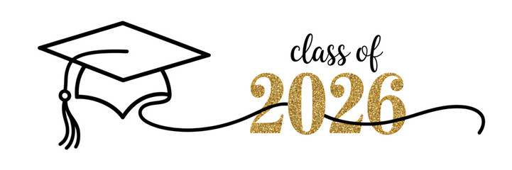 Graduation cap and class of 2026 gold glitter text on white background
