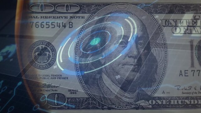 100-dollar banknote filling frame, HUD rings evolving and drifting as device edge entering for scan