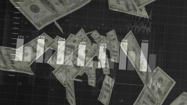 USD notes drifting from upper corners spawning cluster rotating through grid revealing chart values