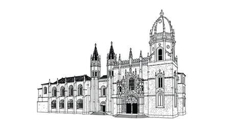 Fototapeta premium Black and white architectural illustration of a large ornate building with towers and domes in a Gothic style