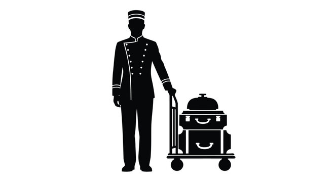 Silhouette of a bellhop standing with a luggage cart