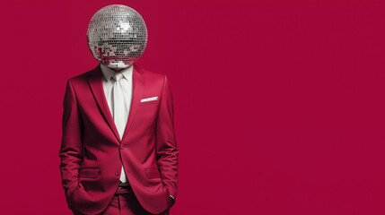 Obraz premium Creative Business Concept with Disco Ball Headed Man in Red Suit on Vibrant Background