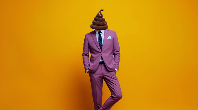 Surreal Business Concept with Man Having Swirl Head in Pink Suit on Yellow Background