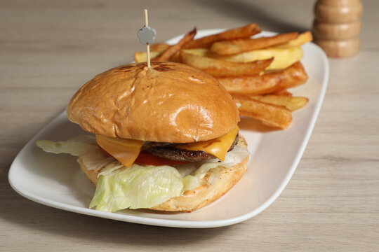 Hamburger avec frites sur une assiette