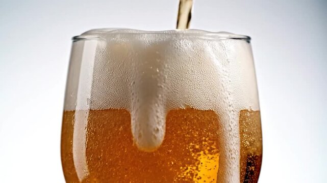 Golden carbonated beverage being poured into a glass, creating a frothy head