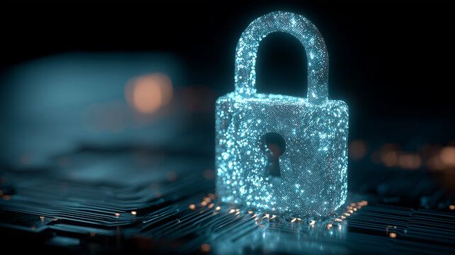Digital padlock on circuit board representing cybersecurity, encryption and secure data access protection.
