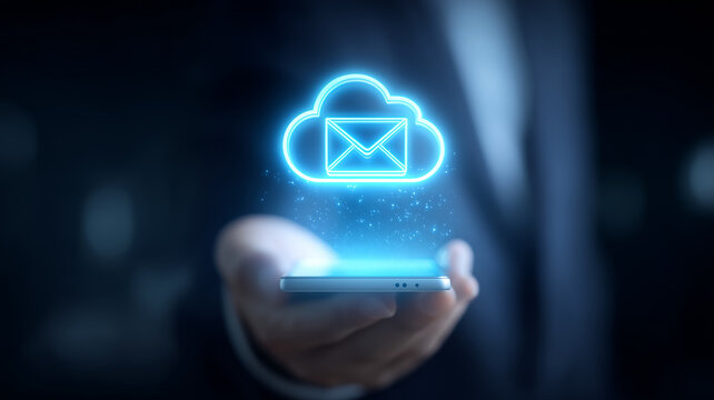 Hand holding smartphone with cloud email icon symbolizing secure online messaging and cloud based communication.
