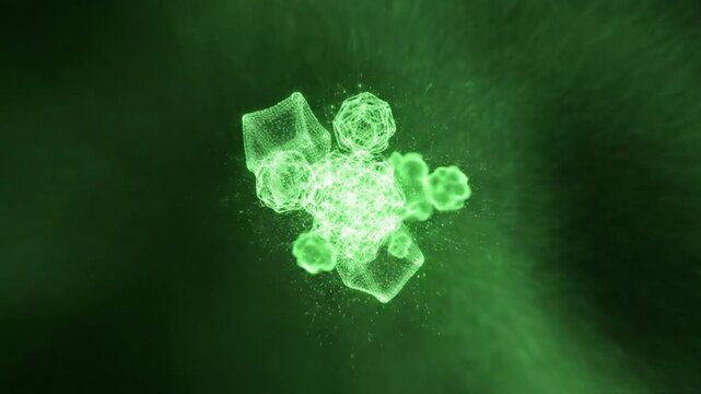 Glowing green microscopic structures and amorphous shapes float against a dark backdrop