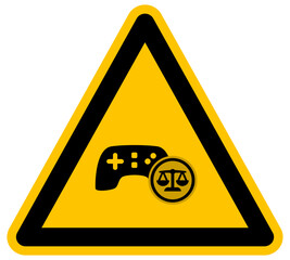 Leyes de videojuegos y regulaci&oacute;n legal de juegos electr&oacute;nicos con mando y balanza icono vectorial