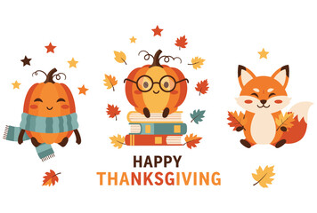 Fototapeta premium Friendly cartoon characters celebrating a festive thanksgiving season together.