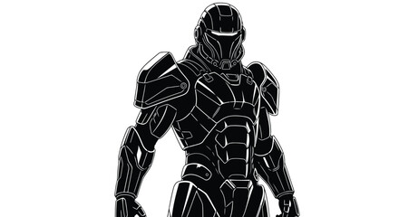 Obraz premium Black silhouette of a futuristic armored character with helmet and shoulder pads on a white background