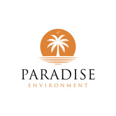 Obraz premium Palm tree with lake ocean sea water and Sunset sun beach resort logo design