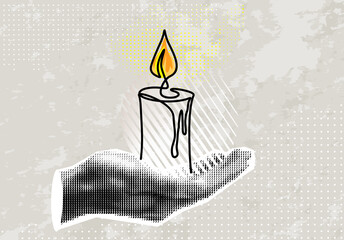 Trendy Halftone Collage human hand holding candle flame. Memorial symbol. Vector illustration.	