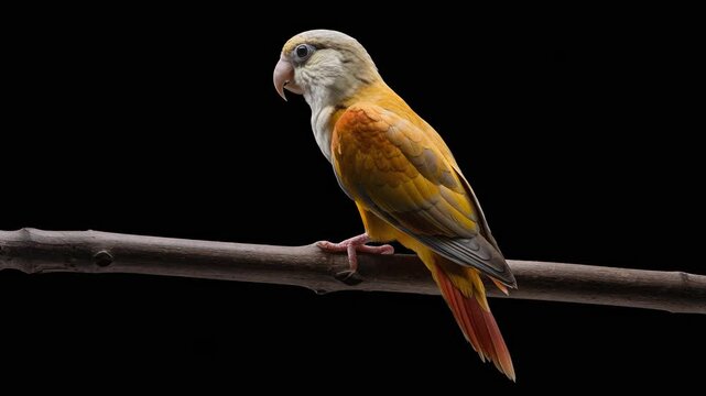 A parrot with bright plumage rests calmly on a dark, slender branch. Its feathers display a vibrant mix of orange, yellow, and red against a stark black background.