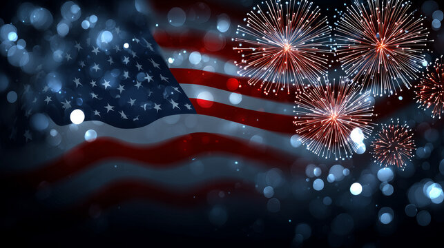 American flag and bokeh background with fireworks and copy space for Independence Day 4th of July and other holidays. Election Day in the USA. America Day. Festive Mood on President's Day
