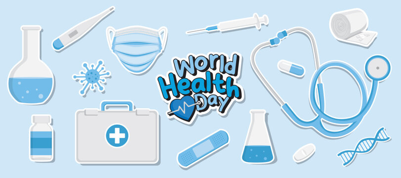 World Health Day banner with blue medical tools, mask and laboratory icons. Clean healthcare background for awareness campaigns.