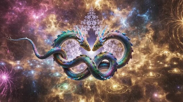 Two serpent-like creatures with iridescent scales form an infinity symbol in a cosmic, swirling background