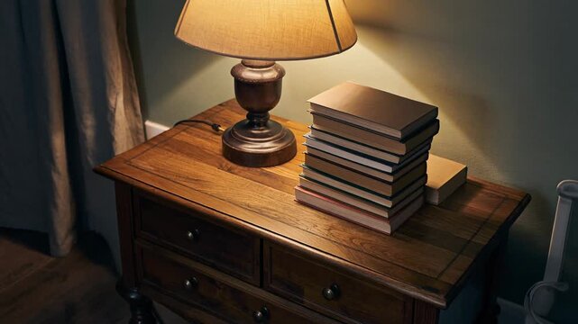 Soft light illuminates a stack of books next to a lamp on a bedside table in a warmly decorated room. Captures a cozy, nighttime atmosphere of reading and relaxation.