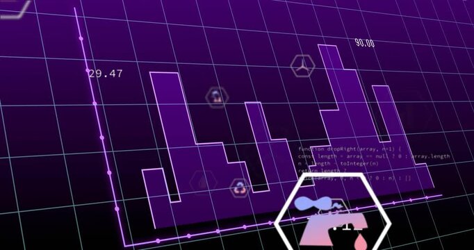 Camera panning, hexagonal data cluster scaling and shifting, bar trace rising to show metrics