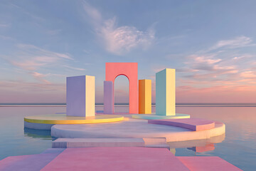 Futuristic geometric structures floating over a serene coastal horizon