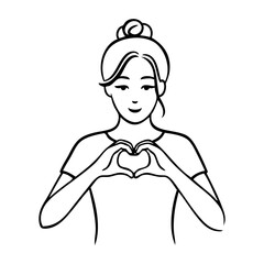 Dibujo con líneas de una mujer con dos manos formando un corazón, para tarjetas y felicitaciones de San Valentín © teracreonte