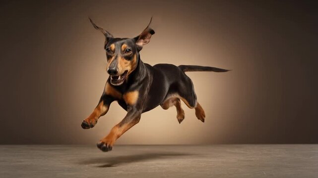 Watch this animated collection of a Miniature Pinscher in full stride, set against a backdrop of warm, neutral lighting, showcasing energy and agility.