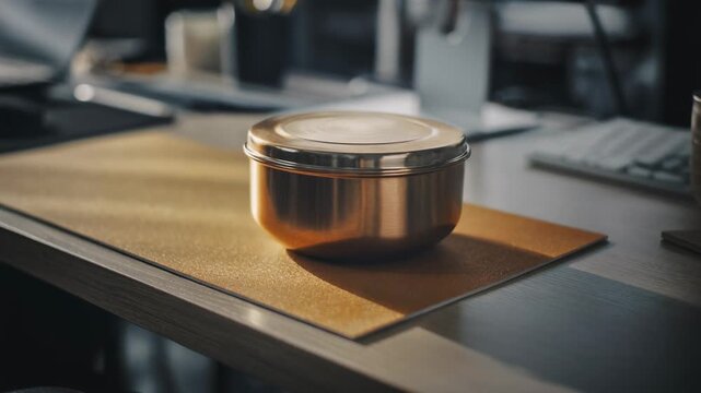 A glint of sunlight hits a metallic, circular lunchbox placed atop a tan placemat. The set piece adorns a workstation where business and simple living merge in harmony.