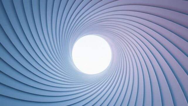 Smooth camera movement through an abstract blue swirl tunnel, bathed in soft white light. The clean lines and mesmerizing pattern create a futuristic, calming atmosphere.