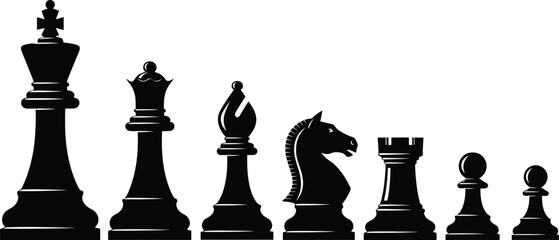 Set of black chess piece silhouettes including king, queen, bishop, knight, rook, and pawn, strategic board game icons for competition and success, © MdShahadot