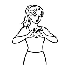 Dibujo con líneas de una mujer con dos manos formando un corazón, para tarjetas y felicitaciones de San Valentín © teracreonte